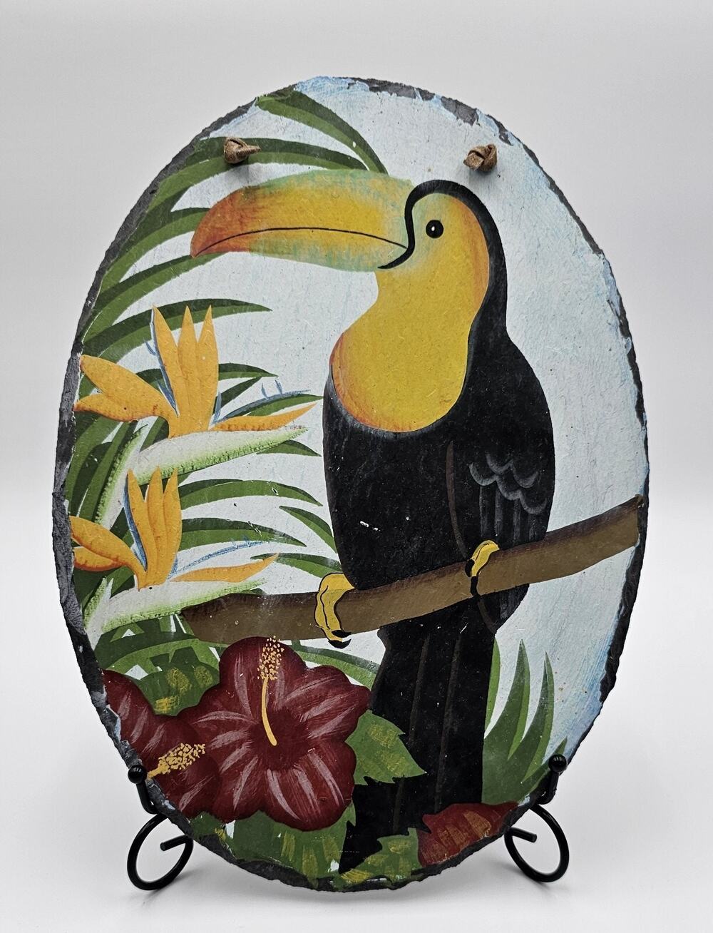 Vintage Hand Painted Toucan On Oval Slate W/RawHide Hanger